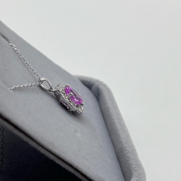 1.25 CT Oval Cut Pink Sapphire and .30 CT Diamond Necklace 925 Sterling Silver - Picture 6 of 7